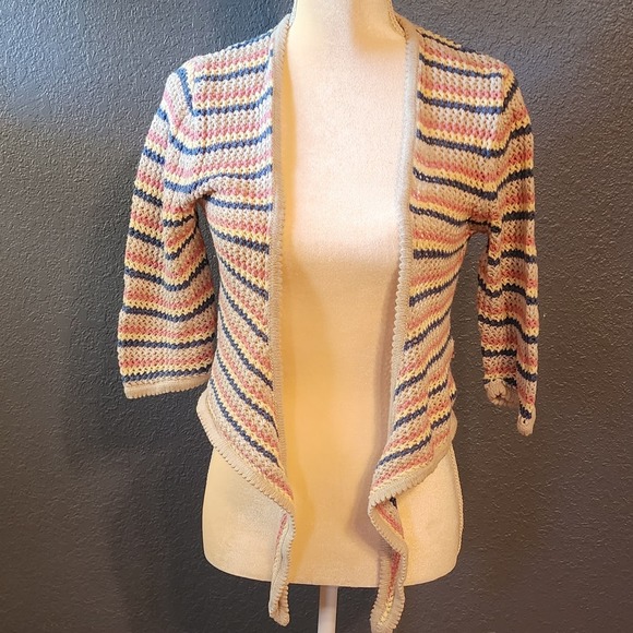 Christopher & Banks 1/2 Sleeve Crochet Striped Front Tie Cropped Size Small - Picture 5 of 7